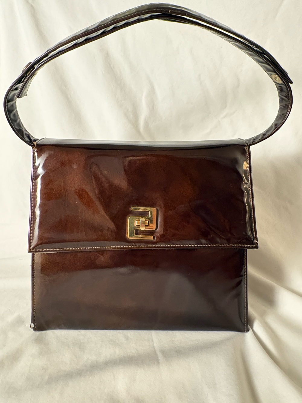 Vintage Lennox Brown Patent Leather Shoulder Bag Gold Turn Lock USA